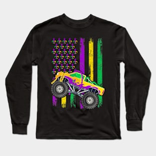 Mardi Gras Monster Truck Beads Flag Kids Boys Long Sleeve T-Shirt